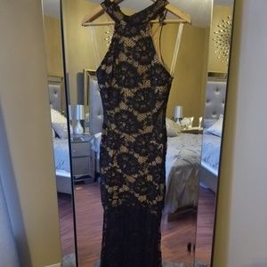 Windsor Long Black Nude Lace Dress
